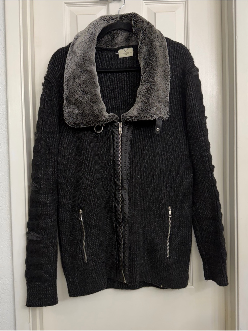 7181 Vercini Knit Sweater Cardigan Zip with Faux Fur Collar Trimmed Leather 2XL